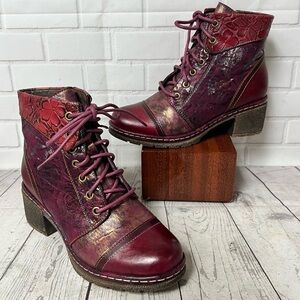 L'Artiste Spring Step Size 6 Leather Lace/Zip Boots Fallinluv Iridescent Bordeax